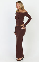 Lulu Two Piece Top and Skirt Set - Asymmetrical Button Detail Top And Maxi Skirt Set in Chocolate