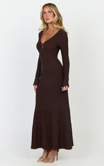 Maris Midi Dress - Keyhole and Hardware Neckline Long Sleeve Flared Dress in Choc