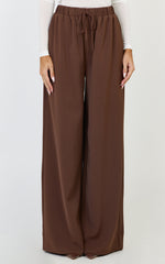 Nicole Pants - High Waist Elasticated Gathered Waist Wide Leg Pants in Mocha
