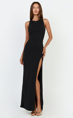 Tonya Maxi Dress - High Neck Cross Back Bodycon Dress in Black