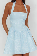 Serrah Halter Mini Dress Jacquard Blue