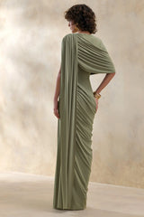 Gisara | Olive High-Neck Maxi Dress With Sash And Draped-Detailing