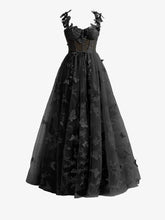 Black A-line Butterfly Lace Lilac Corset Prom Dress with Slit