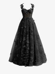 Black A-line Butterfly Lace Lilac Corset Prom Dress with Slit