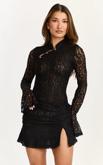 Aimee Mini Dress - Mandarin Collar Gold Trim Flute Long Sleeve Dress in Black