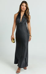 Aiyana Midi Dress - Halter Neck Satin Dress in Black