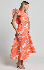 Alfreda Midi Dress - One Shoulder Ruffle Detail Brailey Jacquard Dress in Orange Jacquard