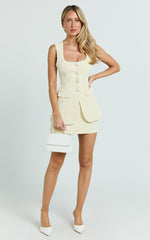 Allora Two Piece Top and Skirt Set - Tailored Vest Top and A Line Mini Skirt Set with Pearl Buttons in Lemon