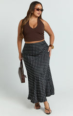 Amari Maxi Skirt - High Waisted Bias Cut Skirt in Black Polka Dot