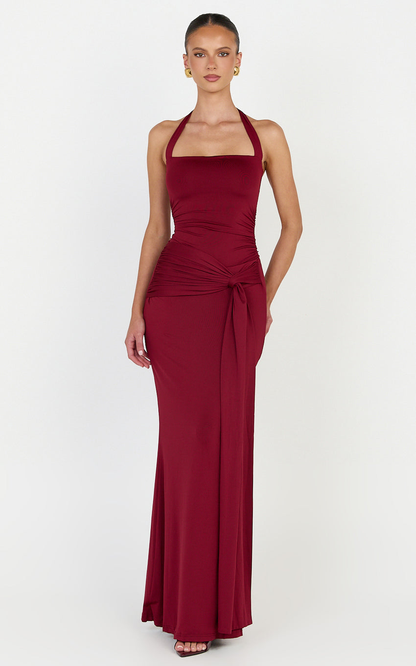 Amaya Maxi Dress - Draped Sash Halter Dress in Burgundy