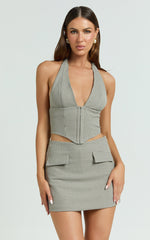 Angela Top - Check Plunge Halter Hook And Eye Top in Beige Check