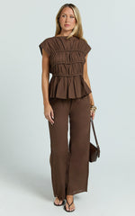 Auric Two Piece Set - Ruched Detail Top and Wide Leg Pants Set in Brown