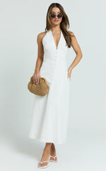 Beata Midi Dress - Plunge Halter A Line Dress in White