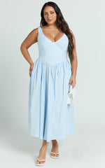 Beckett Midi Dress - Scoop Neck Drop V Waist Gathered Skirt Dress in Blue