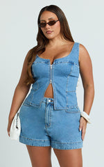Bellerose Top - Front Zip Denim Fitted Top in Mid Blue