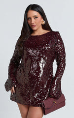 Bertina Mini Dress - Sequin Scoop Neck Low Back Dress in Wine