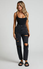 Billie Jeans - High Waisted Cotton Distressed Mom Denim Jeans in Black Wash