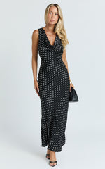 Blanca Midi Dress - Cowl Neck Bias Cut Dress in Black Polka Dot