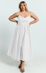 Braelyn Midi Dress - Scoop Neck Flare Dress in White