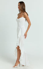 Brionna Maxi Dress - Lace Neck Ruched Ruffle Hem Dress in White
