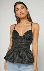 Brunetta Top - Sequin Shirred Peplum Top in Black