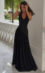 Calla Maxi Dress - Halter Neck Asymmetric Dropped Waist Dress in Black