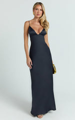 Cariela Maxi Dress - Plunge Neck Satin Dress in Navy