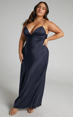 Cariela Maxi Dress - Plunge Neck Satin Dress in Navy