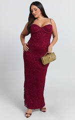 Carli Maxi Dress - Adjustable Strap Corset Bodycon Lace Dress in Wine