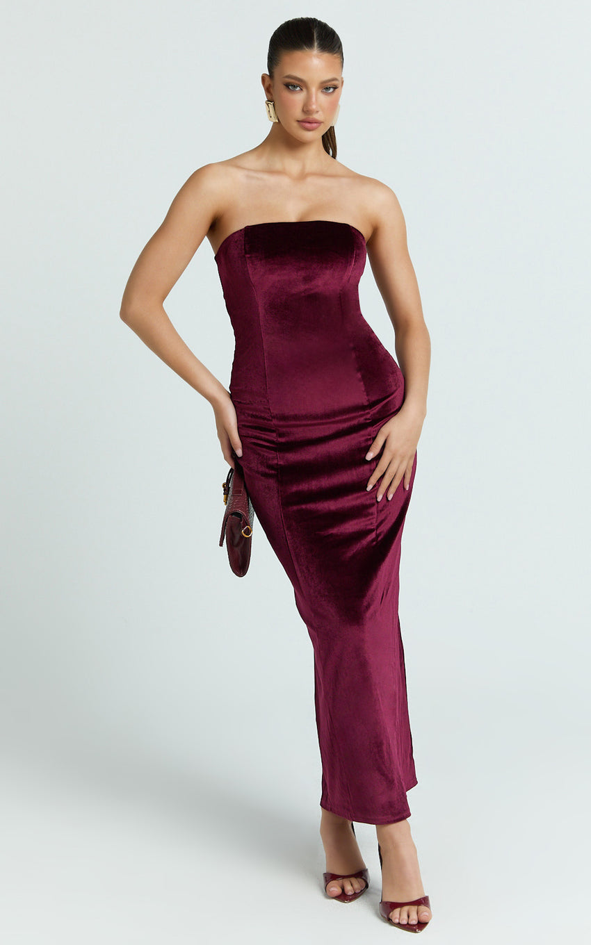 Cartia Midi Dress - Velvet Strapless Bodycon Dress in Wine