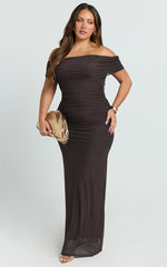 Caterina Maxi - Ruched Off Shoulder Mesh Dress in Chocolate
