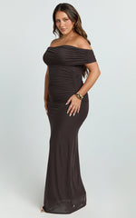 Caterina Maxi - Ruched Off Shoulder Mesh Dress in Chocolate