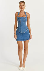 Chaney Top - Panelled Denim Halter Neck Top in Mid Blue Wash