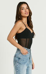 Cheryth Bodysuit - V Neck Strappy Sheer Corset Bodysuit in Black