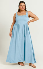 Rhaziya Midi Dress - Sleeveless Straight Neck Fit and Flare Dress in Blue