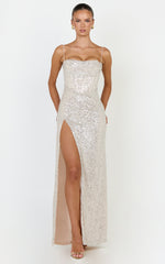 Cora Maxi Dress - Corset Bodice Draped Skirt Sequin Dress in Nude