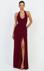 Coraline Maxi Dress - Plunge Neckline Lurex Mesh Halter Dress in Wine
