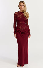 Crisanta Maxi Dress - Long Sleeve Contrast Lace Bodycon Dress in Wine