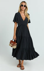 Cryzel Midi Dress - Flutter Sleeve Tiered Dress in Black