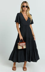 Cryzel Midi Dress - Flutter Sleeve Tiered Dress in Black