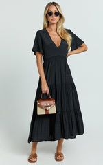 Cryzel Midi Dress - Flutter Sleeve Tiered Dress in Black