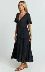 Cryzel Midi Dress - Flutter Sleeve Tiered Dress in Black
