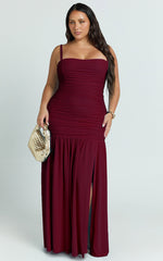 Cardi Maxi Dress - Ruched Mesh High Leg Split Dress in Wine