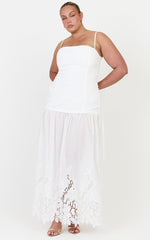 Everly Maxi Dress - Straight Neck Broderie Cut Out Hem Dress in White