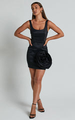 Datasha Mini Dress - Scoop Neck Sleeveless Rosette Detail Dress in Black