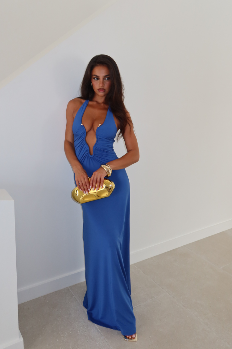 Denise Maxi Dress - Halter U Ruched Neck Cut Out Jersey Dress in Blue