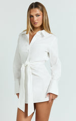 Duncan Mini Dress - Long Sleeve Tie Waist Shirt Dress in White