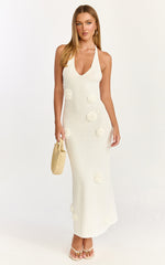 Elodie Maxi Dress - Halter 3D Floral Knit Dress in Cream