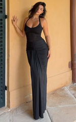 Melville Maxi Dress - Lace Bodice Draped Front Halter Dress in Black