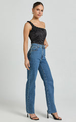 Gemma Top - One Shoulder Rosette Detail Top in Black